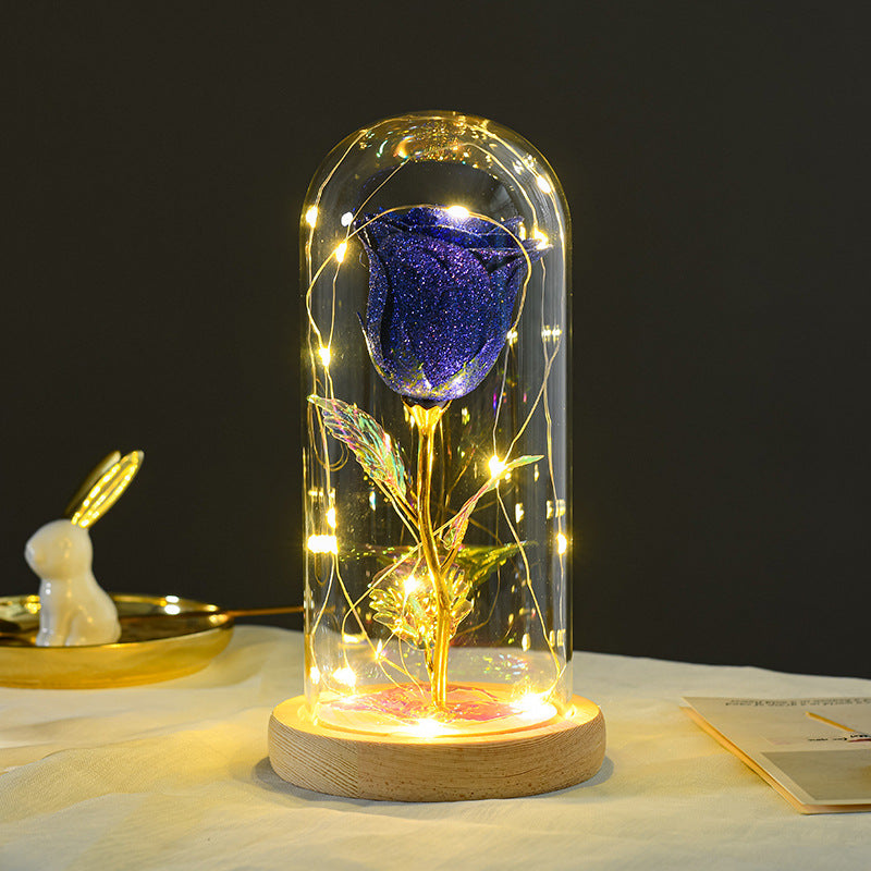 Preserved rose under glass dome with lights