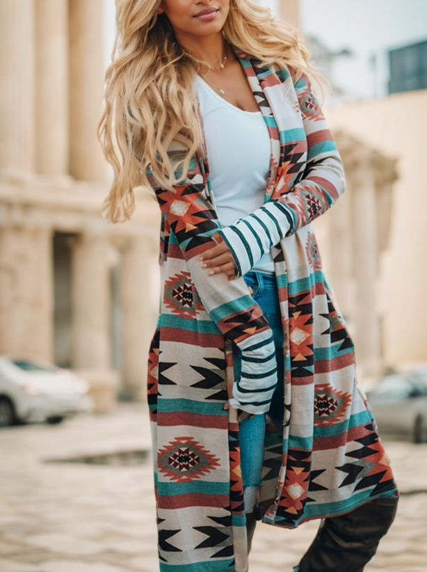 Woman in a long color-block cardigan