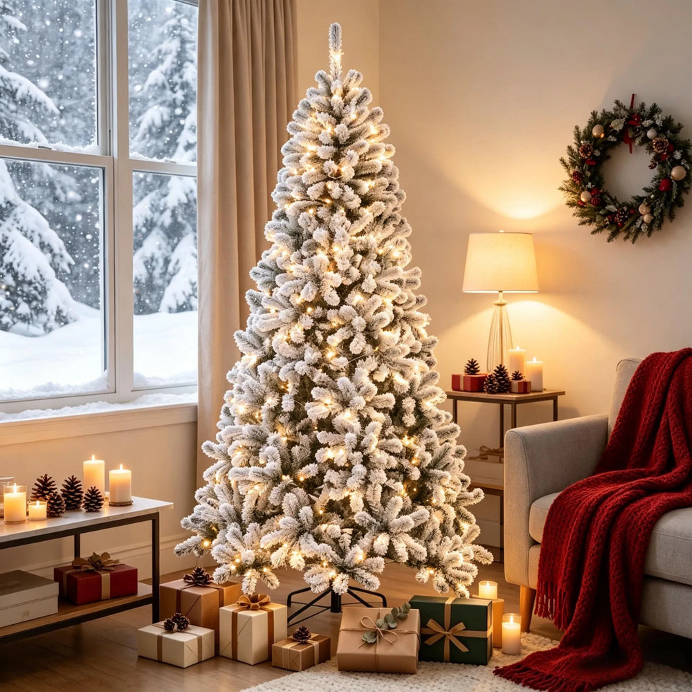 Flocked Northern pine Christmas tree lit warm