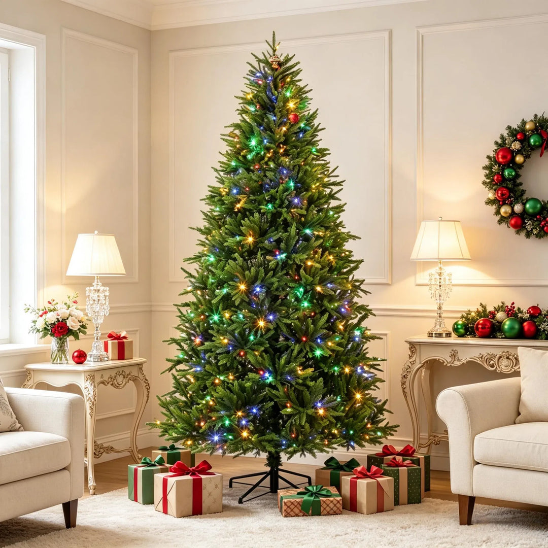 Full green pre-lit Christmas tree with lights