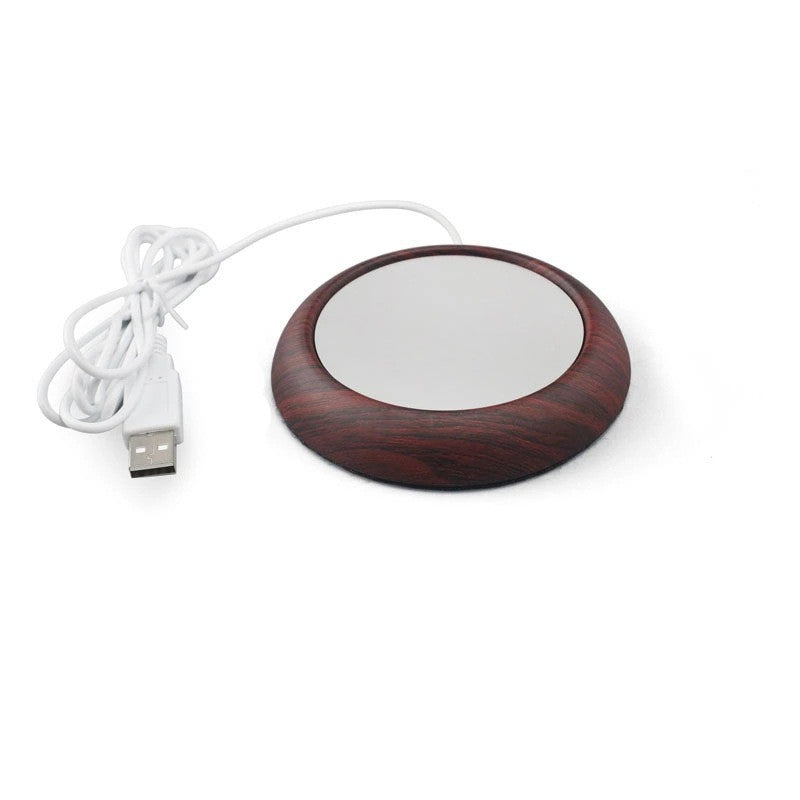 Wood look USB coaster warmer with mug