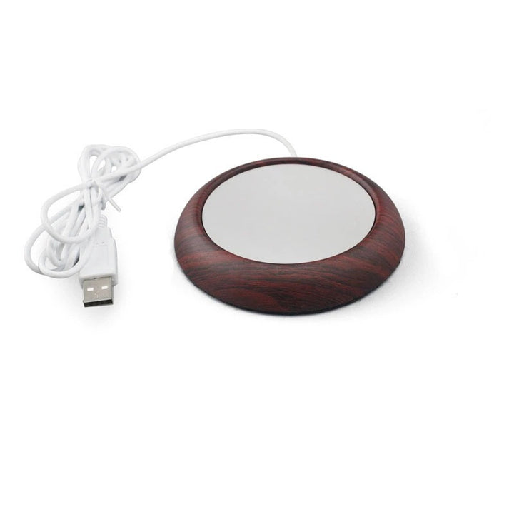 Wood look USB coaster warmer with mug