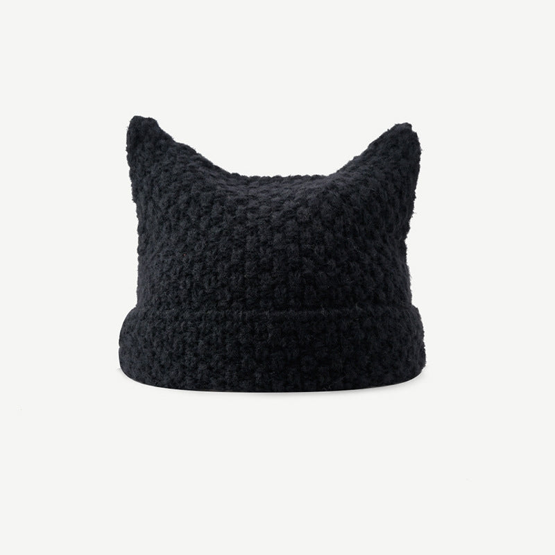 Striped cat ear beanie with pompom ties