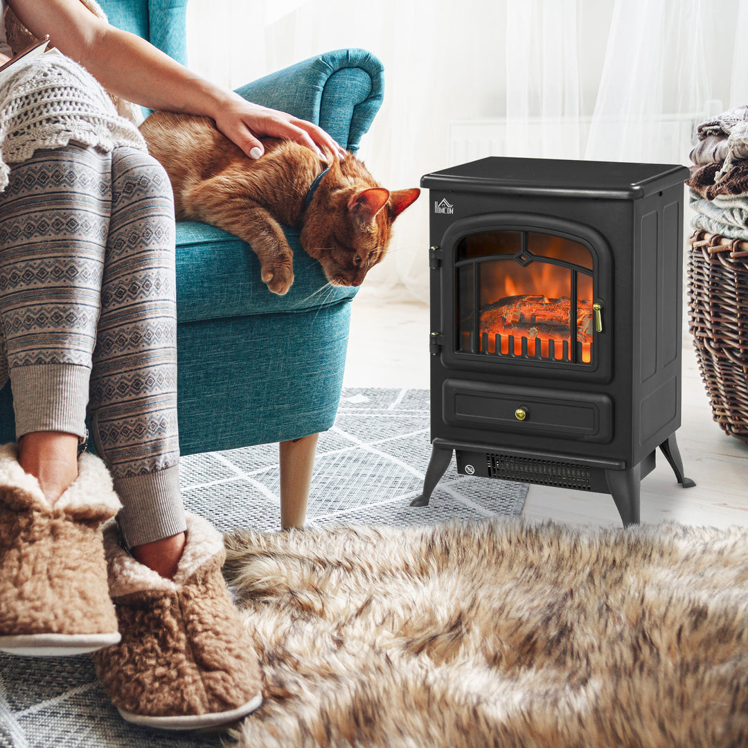 Black electric fireplace stove with glowing log effect