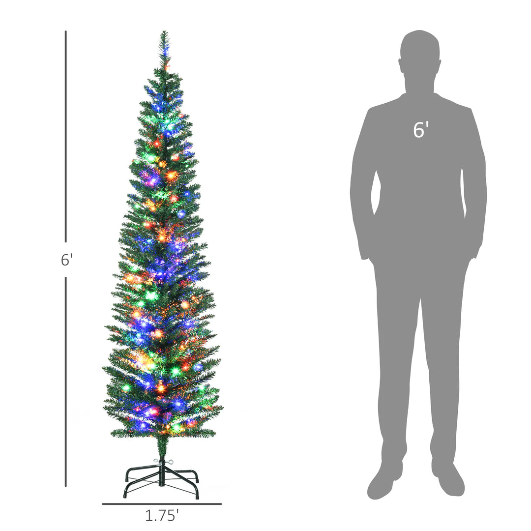 Green slim Christmas tree with multicolor lights