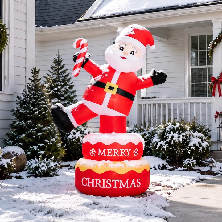 Inflatable standing Santa lit up at night