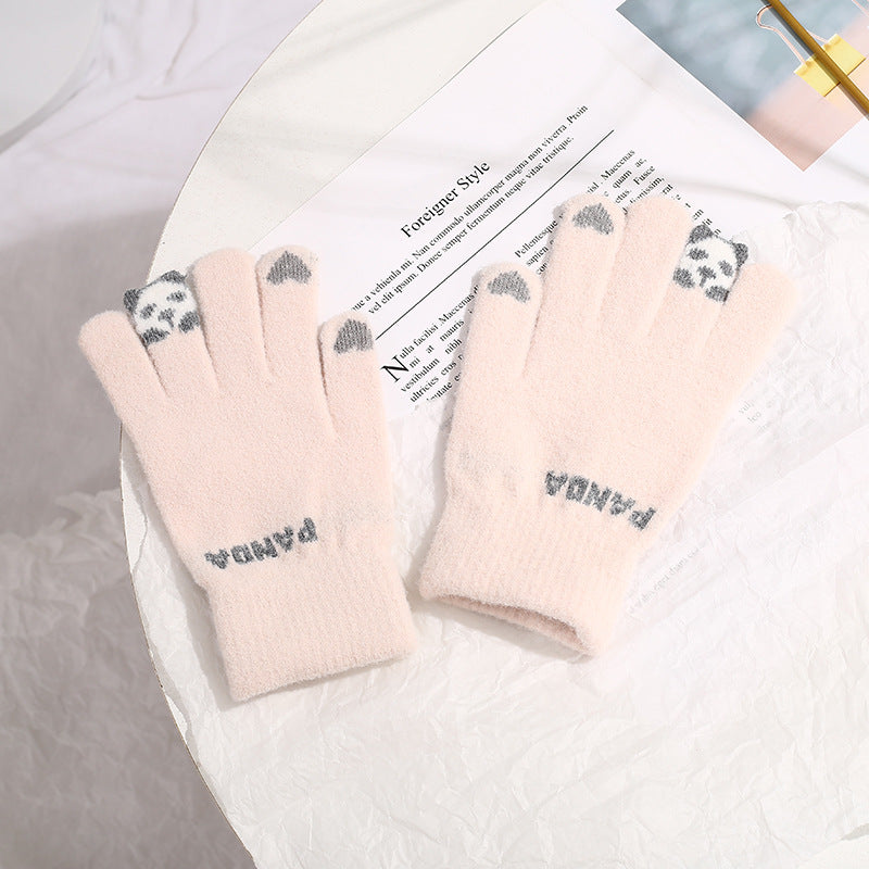 Pink knit gloves with small 3D panda
