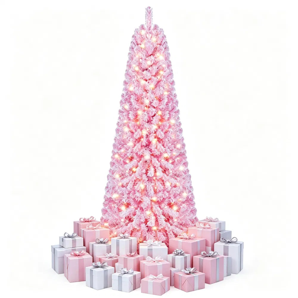 Full pink flocked Christmas tree with lights