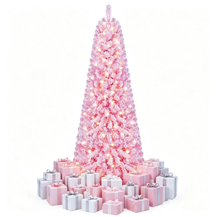 Heat Grove 7 ft Pink Flocked Christmas Tree with 280 LEDs and 8 Modes