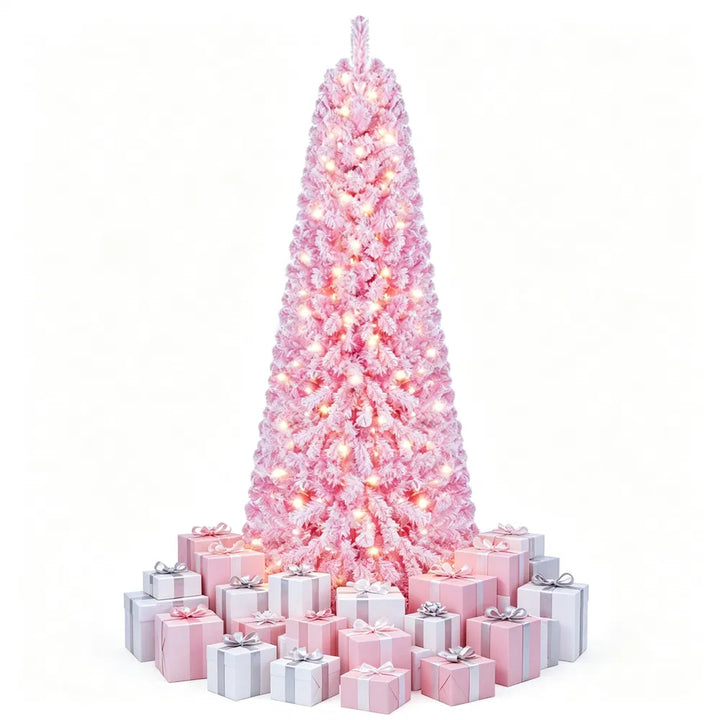 Full pink flocked Christmas tree with lights