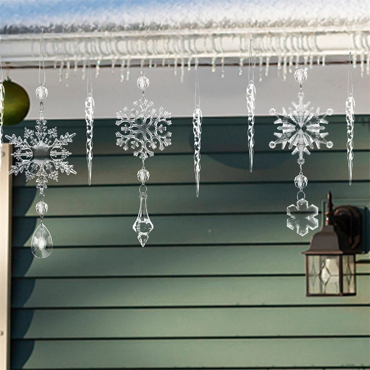 Clear acrylic icicle ornaments hanging on a Christmas tree