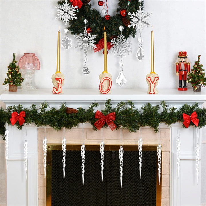 Clear acrylic icicle ornaments hanging on a Christmas tree