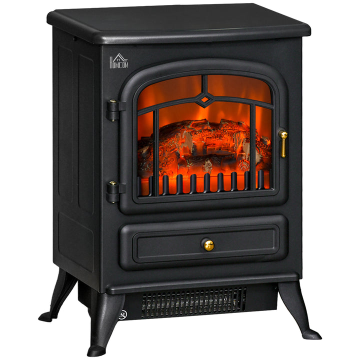 Black electric fireplace stove with glowing log effect