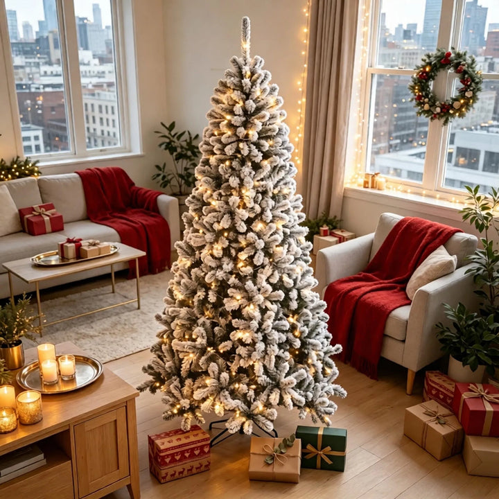 Flocked Northern pine Christmas tree with lights