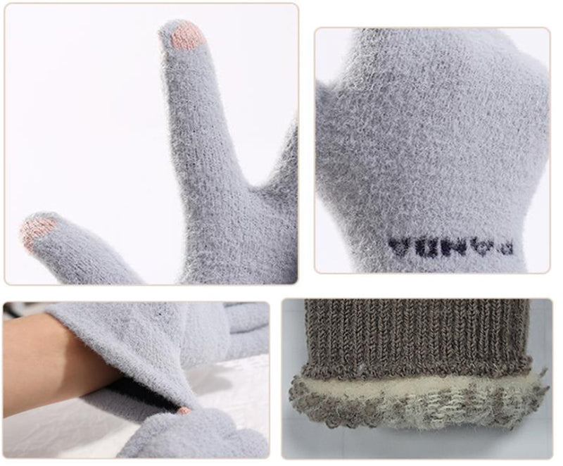 Pink knit gloves with small 3D panda