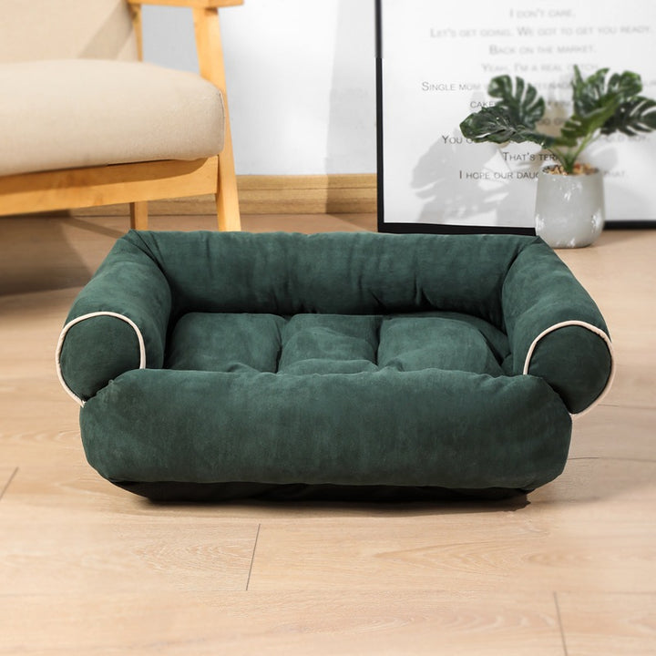 Plush sofa-style pet bed with bolsters