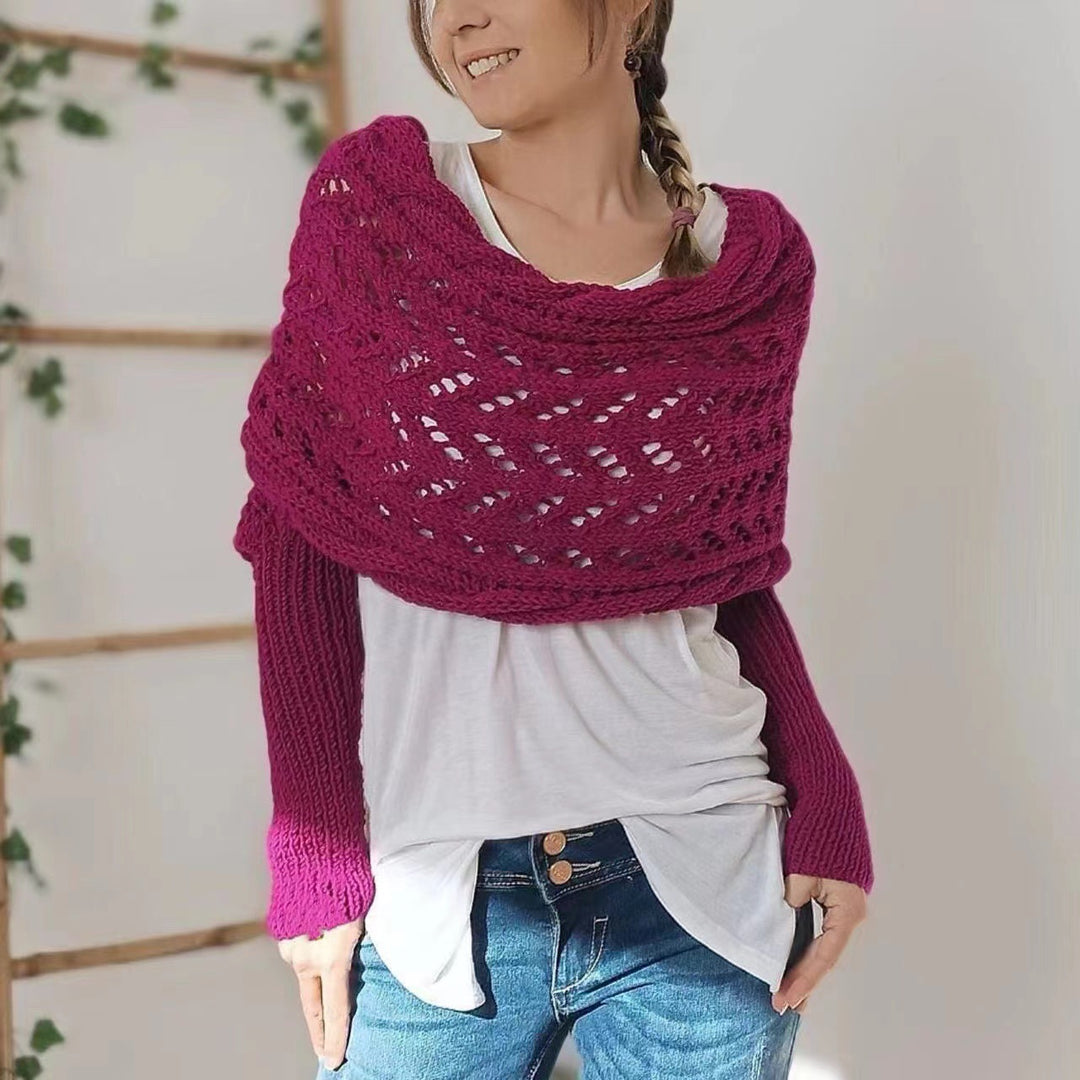 Woman wearing a knit shawl with sleeves