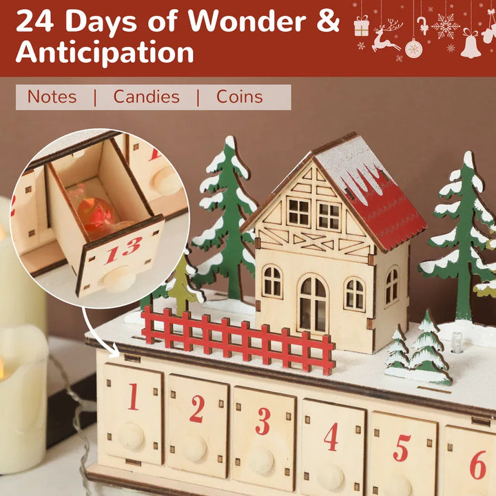 Long lighted wooden advent calendar on mantel