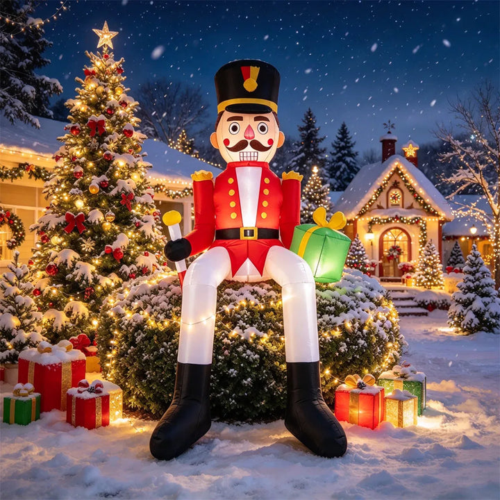 Giant inflatable sitting nutcracker lit up