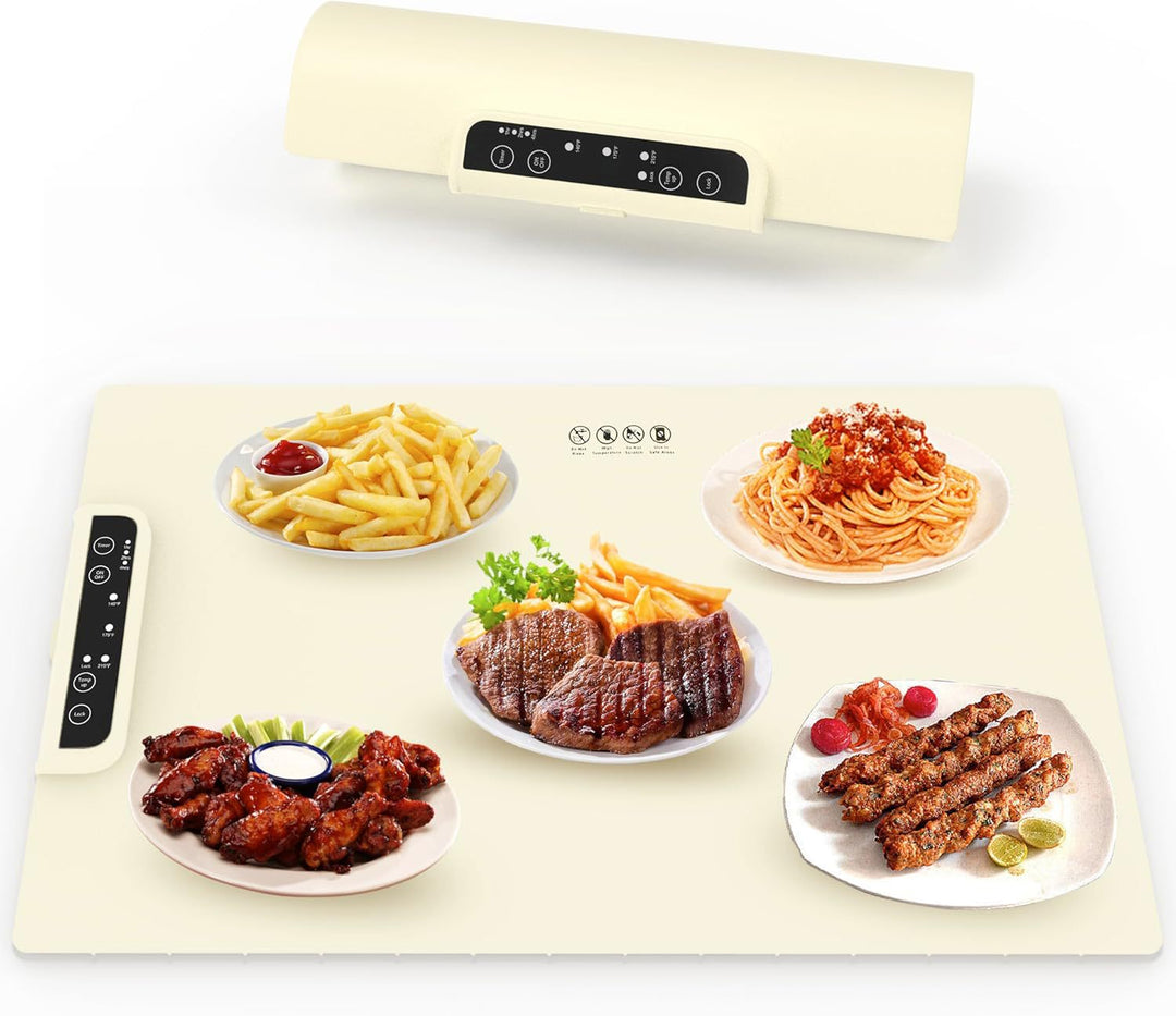 Roll-up food warming mat with dishes