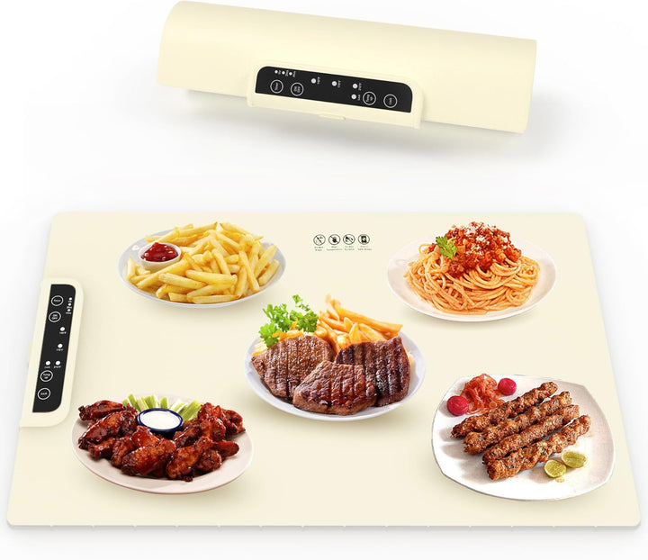 Roll-up food warming mat with dishes