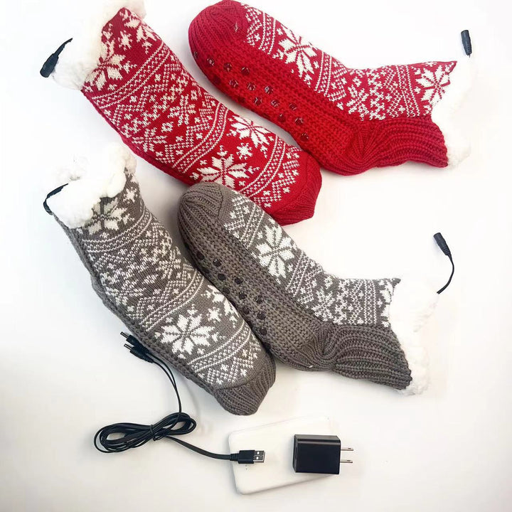 Red USB heated snowflake knit socks