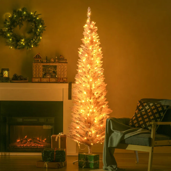 Pink pencil Christmas tree with warm lights