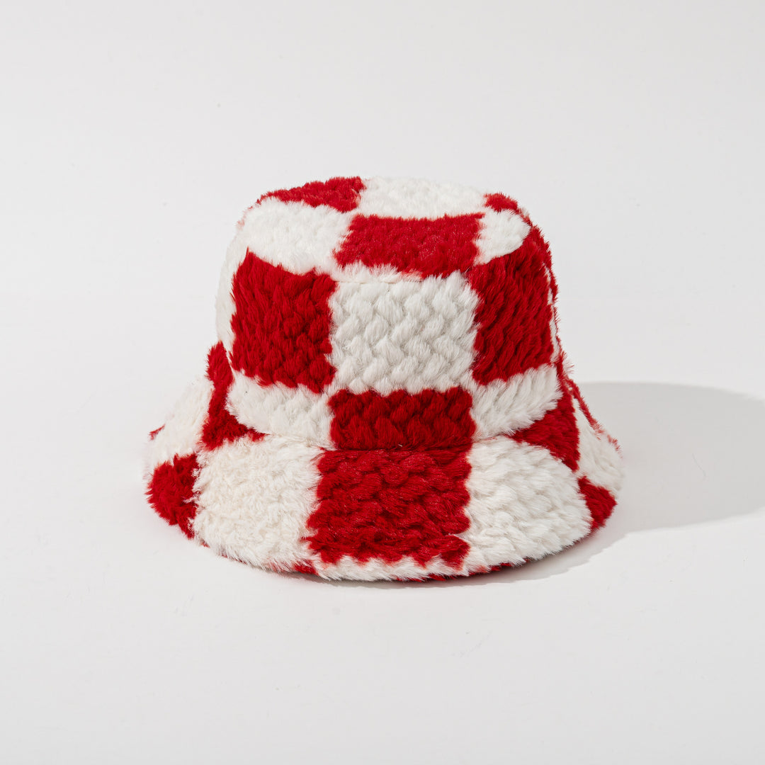Checkered teddy plush bucket hat