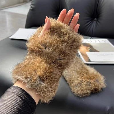 White fluffy fur fingerless mittens