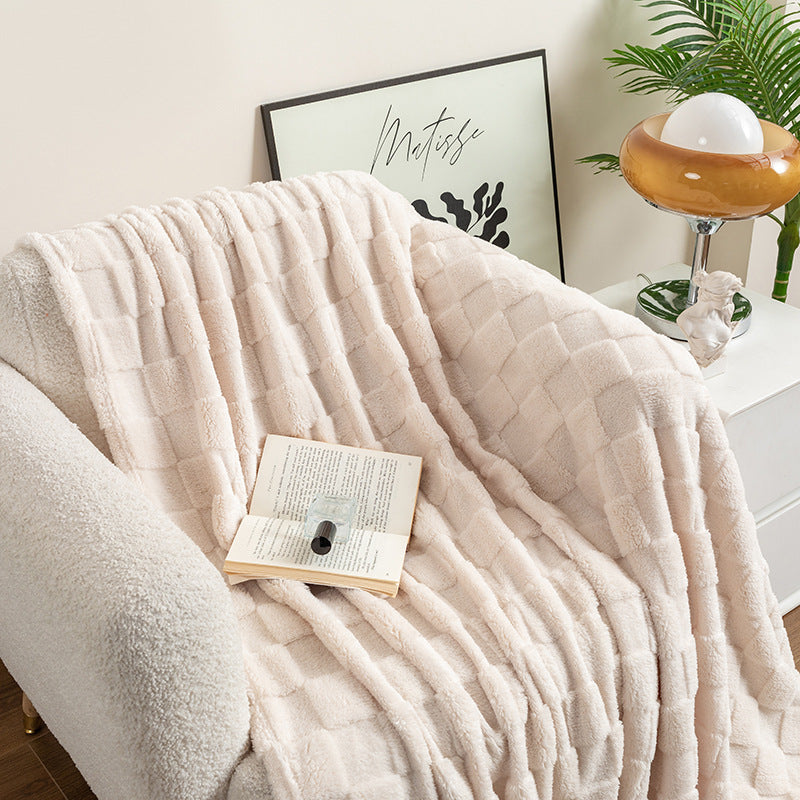 Cream checkered jacquard plush throw blanket