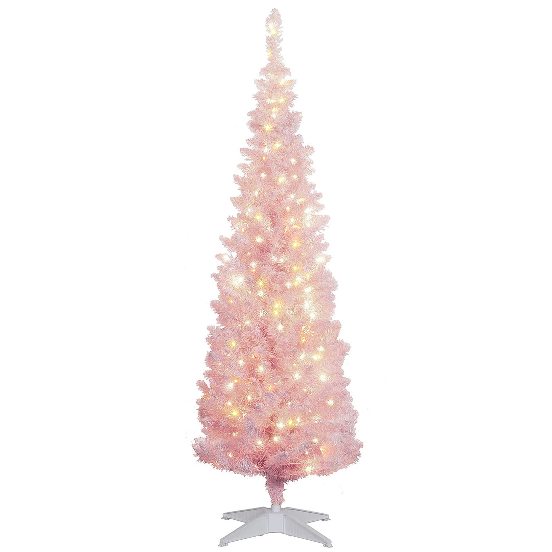 Pink snow-flocked pencil Christmas tree lit