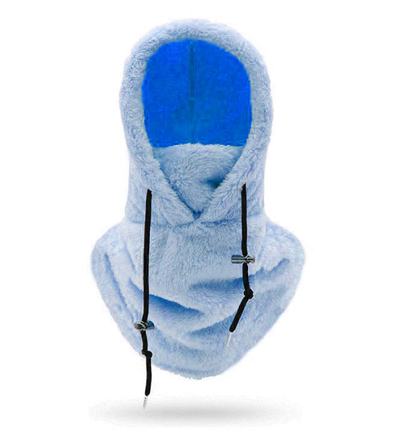 Woman wearing a plush hooded scarf
