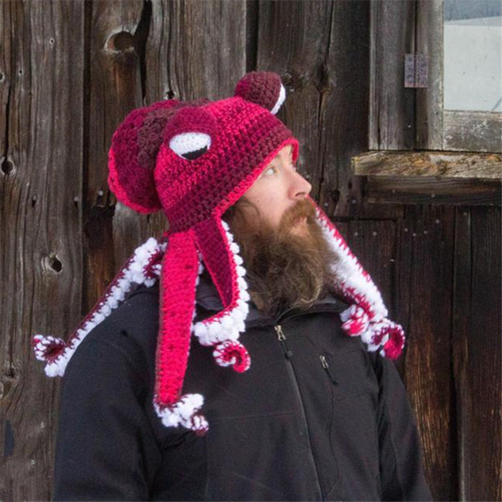 Colorful crochet octopus hat with curly tentacles
