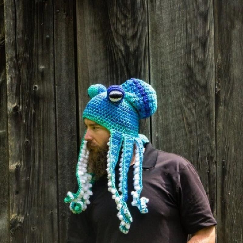 Colorful crochet octopus hat with curly tentacles