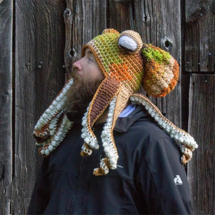 Colorful crochet octopus hat with curly tentacles