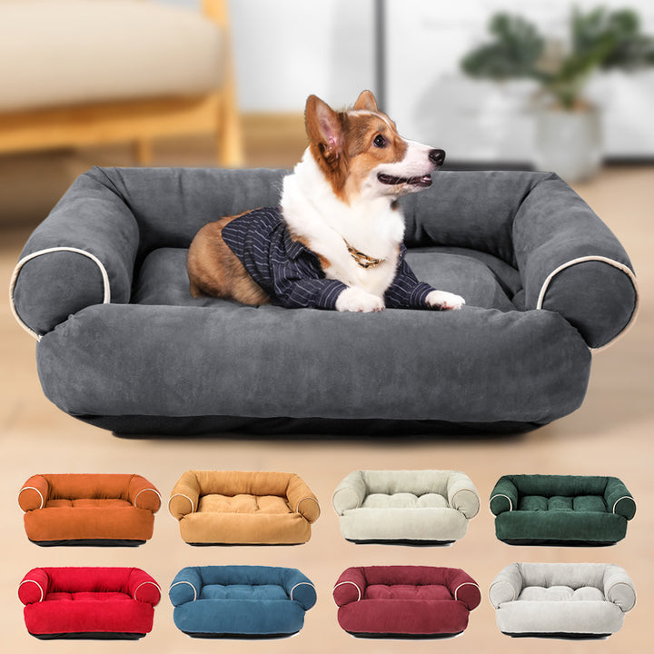 Plush sofa-style pet bed with bolsters