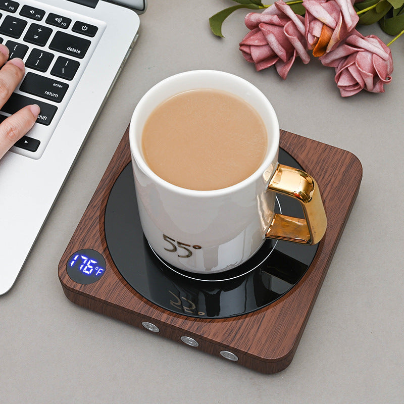 Wood grain mug warmer with coffee cup