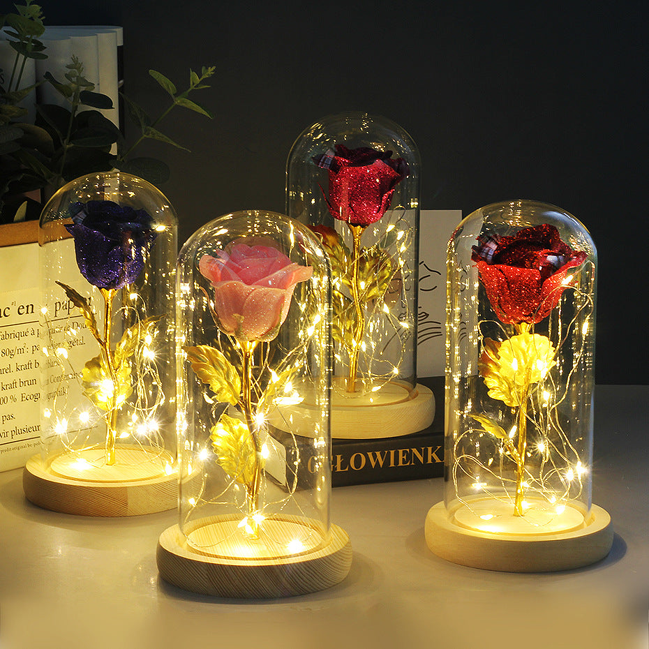 Preserved rose under glass dome with lights