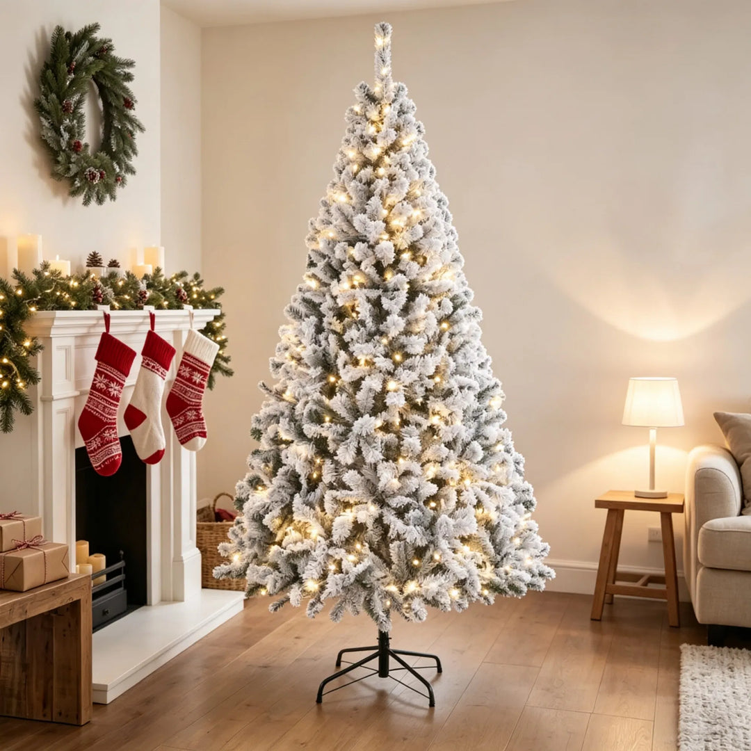 Tall flocked fir Christmas tree with lights