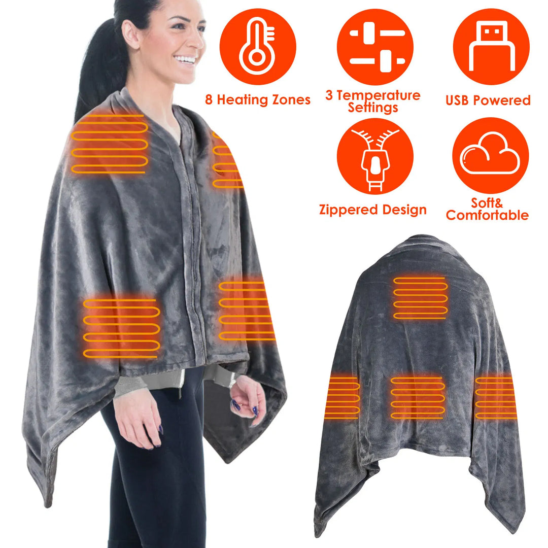 Wearable USB heated blanket with zipper and 8 heating panels