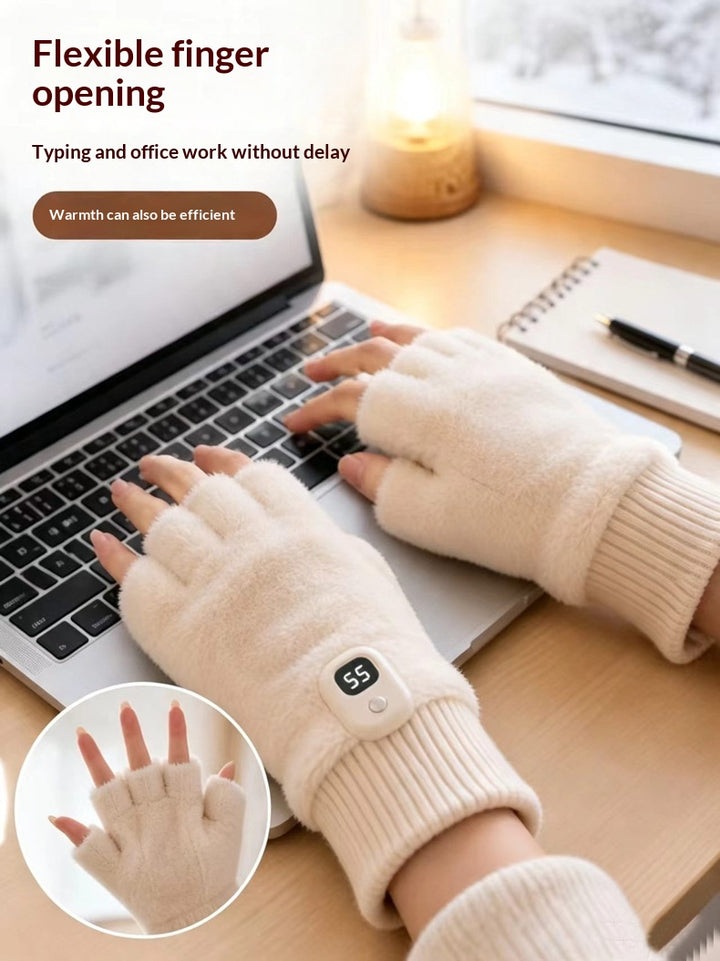 White plush heated cat paw fingerless gloves