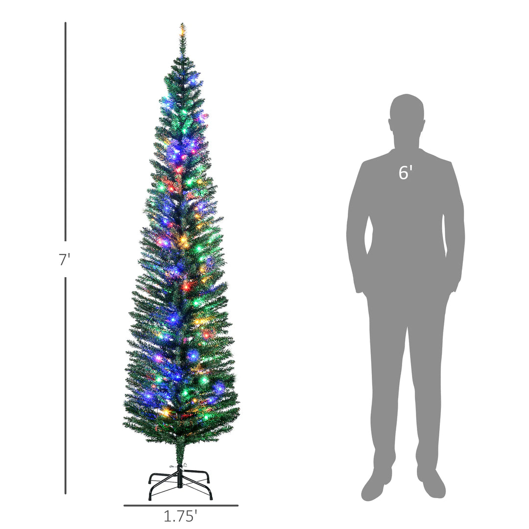 Slim green pencil tree with multicolor lights