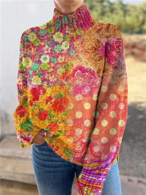 Woman in a floral printed turtleneck sweater