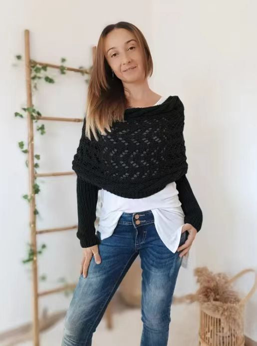 Woman wearing a knit shawl with sleeves