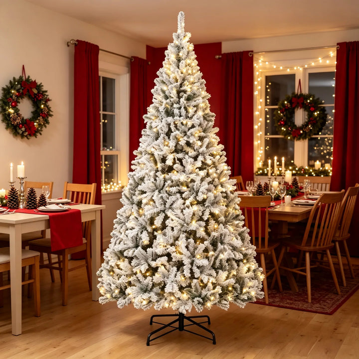 Tall flocked Fraser fir Christmas tree lit