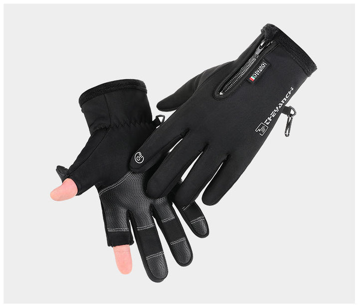 Black winter gloves with flip-open fingertips
