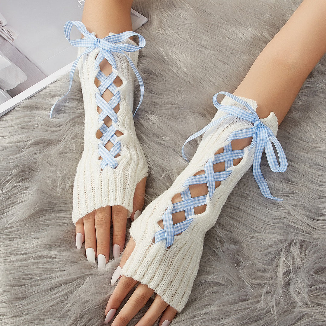 White arm warmers with lace-up ribbon