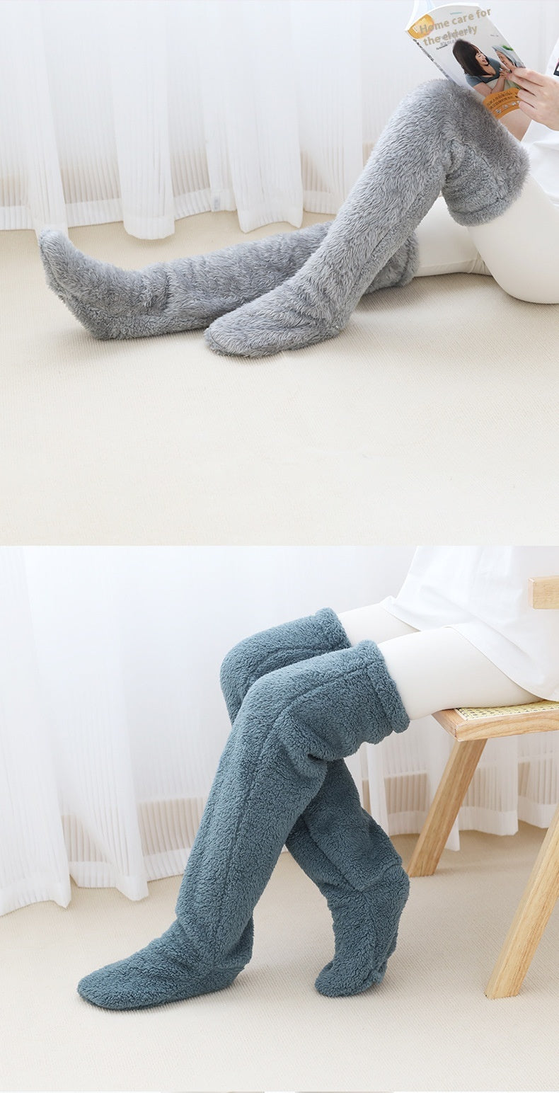 Plush over-the-knee leg warmers with drawstring