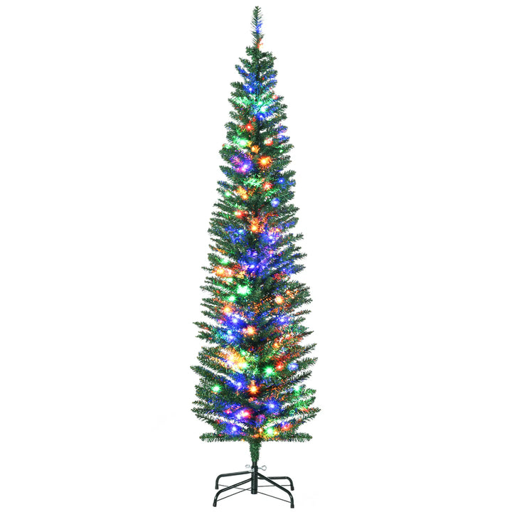 Green slim Christmas tree with multicolor lights