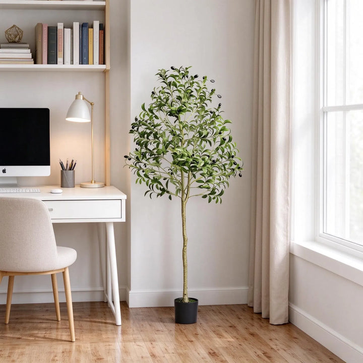 Artificial potted olive tree in living room
